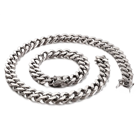 Men Cuban Link Chain Necklace And Bracelet Stainless Steel Rhinestone Hip Hop Streetwear Jewelry