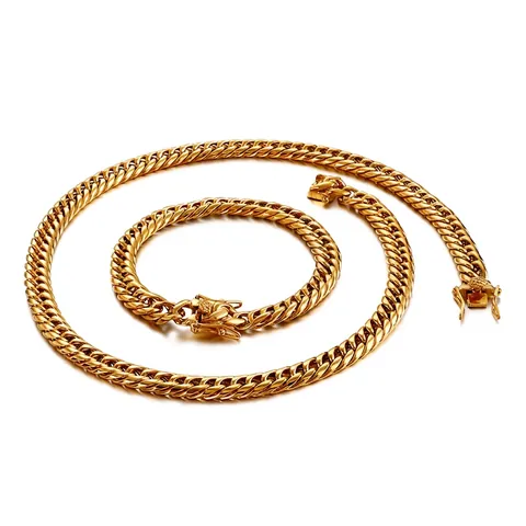 Collar De Cadena Y Pulsera Cuban Link Acero Inoxidable Chapado En Oro De 18K Cierre De Dragón Hip Hop Punk Joyas Hombre