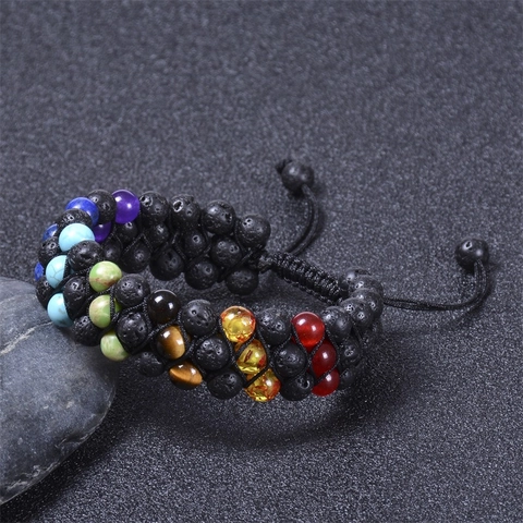 7 Chakra Healing Energie Gevlochten Armband Natuursteen Lavasteen Aromatherapie Diffuser Drielaags Verstelbaar Yoga Armband Unisex Sieraden