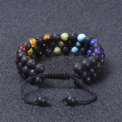 7 Chakra Healing Energie Gevlochten Armband Natuursteen Lavasteen Aromatherapie Diffuser Drielaags Verstelbaar Yoga Armband Unisex Sieraden