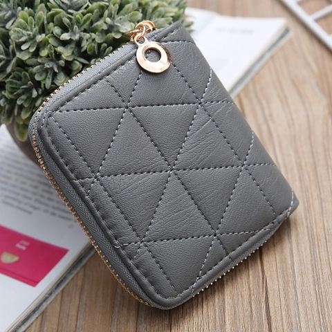 Cartera Corta Para Mujer Cuero PU Acolchado Rombos Cremallera Monedero Tarjetero Urbano Minimalista