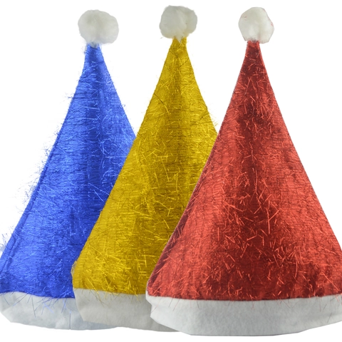 Cappello Babbo Natale Tessuto Metallico Spazzolato Bordo In Peluche Pompon Bianco Decorazione Festa Per Adulti Bambini