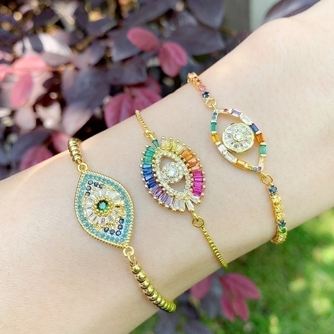 Bracciale Malocchio Rame Placcato Oro Zirconia Cubica Colorata Fibbia Scorrevole Regolabile Gioielli Boho Per Donna