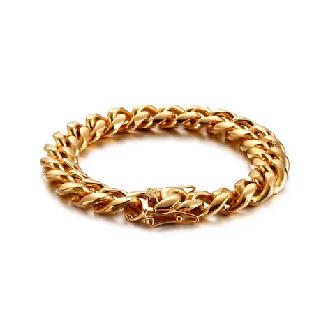 Bracciale A Catena Cubana Da Uomo Acciaio Inossidabile Chiusura In Zirconi Catena Pesante Placcato Oro Hip Hop Gioielli