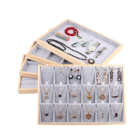 Schmuck Display Tablett Holzrahmen Graues Samtfutter Fach Organizer Für Ringe Halsketten Armbänder Ohrringe Präsentation