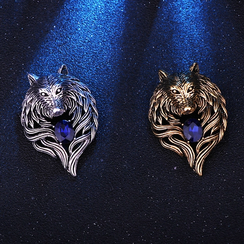 Vintage Wolf Head Brooch Pin Alloy With Faux Blue Gemstone Retro Animal Lapel Pin For Men Suit Jacket Jewelry