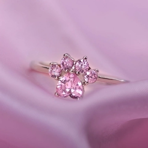 Katzenpfote Offener Verstellbarer Ring Für Frauen Kupferlegierung Herz Rosa Zirkonia Hohl Fußabdruck Süßer Schmuck