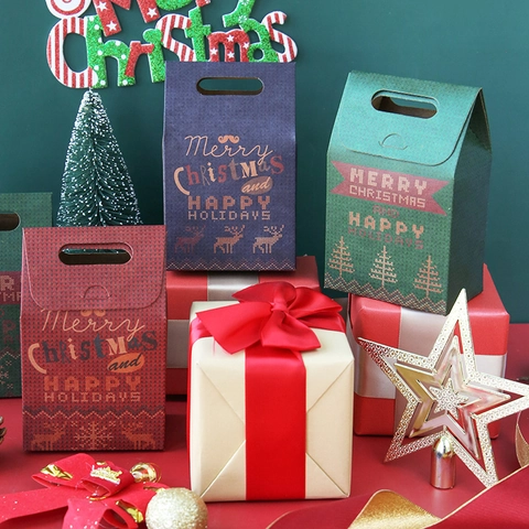 Christmas Gift Boxes Paper Handheld Candy Cookie Packaging Bags Reindeer Tree Snowflake Pattern Holiday Party Favor