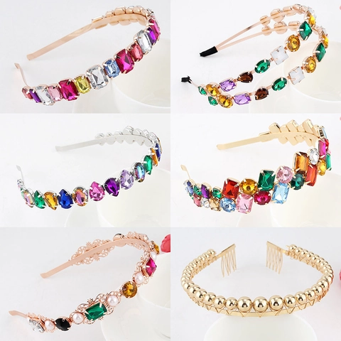 Baroque Luxury Metal Rhinestone Headband Colorful Crystal Faux Artificial Pearl Hair Hoop Retro Floral Leaf Star Design Women Party Wedding Hair Accessory