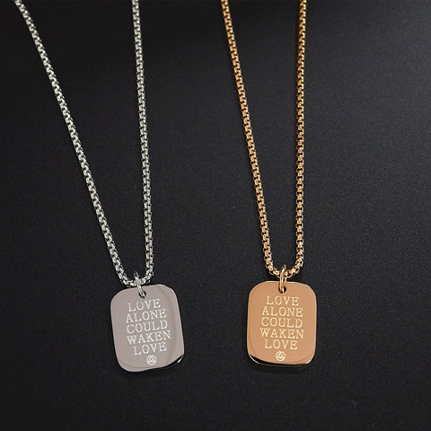 Titanium Steel Square Pendant Necklace Love Alone Could Waken Love Engraved Hip Hop Punk Jewelry Unisex Neck Chain