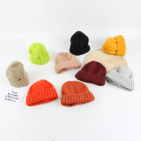Winter Knitted Beanie Docker Hat For Women Warm Acrylic Solid Color Ribbed Brimless Melon Skin Cap Japanese Style