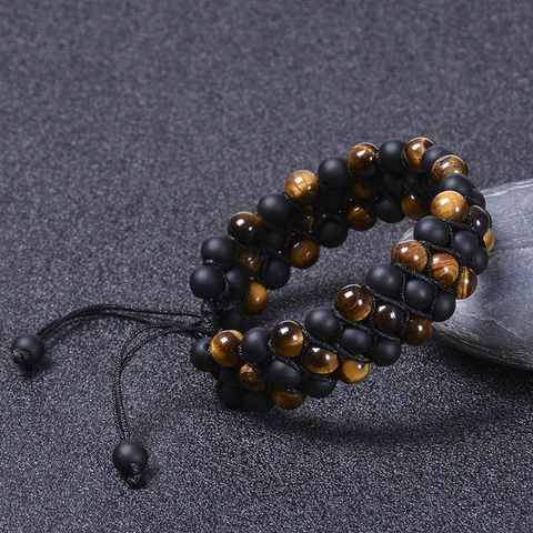 Natural Tiger Eye Stone Matte Black Bead Bracelet Triple Row Braided Adjustable Woven Rope Jewelry Fashion