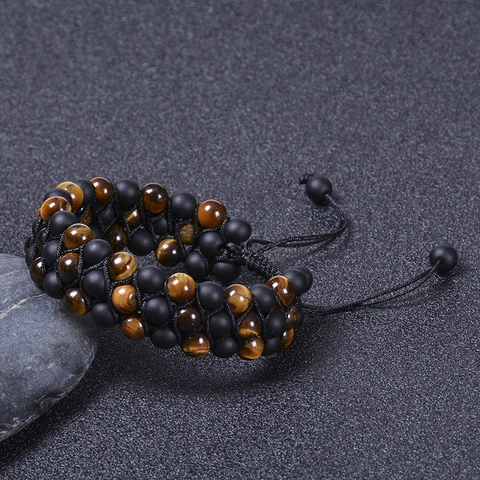 Natural Tiger Eye Stone Matte Black Bead Bracelet Triple Row Braided Adjustable Woven Rope Jewelry Fashion