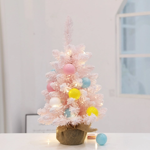 Guirnalda De Navidad Artificial Flocada Rosa Y Árbol De Escritorio Pino Nevado Con Luces LED Base De Arpillera Decoración Festiva