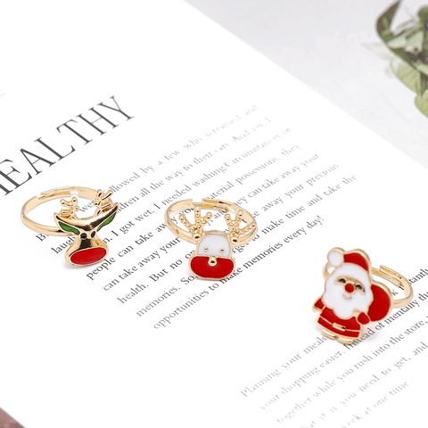 Alloy Rhinestone Open Adjustable Ring For Children Cartoon Santa Claus Christmas Tree Reindeer Enamel Finger Ring Holiday Party Decor Jewelry Gift