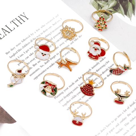 Bague De Noël Réglable Alliage Émail Dessin Animé Père Noël Renne Flocon De Neige Bijoux Pour Enfants Femmes Cadeau