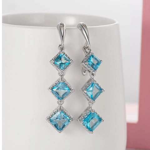 Vintage Alloy Zirconia Long Drop Earrings For Women Geometric Square Sky Blue Silver Plated Dangle Earrings Party Jewelry