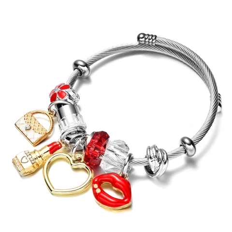Charm Armband Voor Dames Verstelbaar Roestvrij Staal Gedraaid Emaille Lippenstift Hart Lip Handtas Hangers Mode