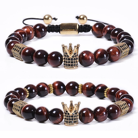 Natural Red Tiger Eye Stone Bracelet With Micro Pave Cubic Zirconia Crown Charm Beaded Adjustable Jewelry Gift