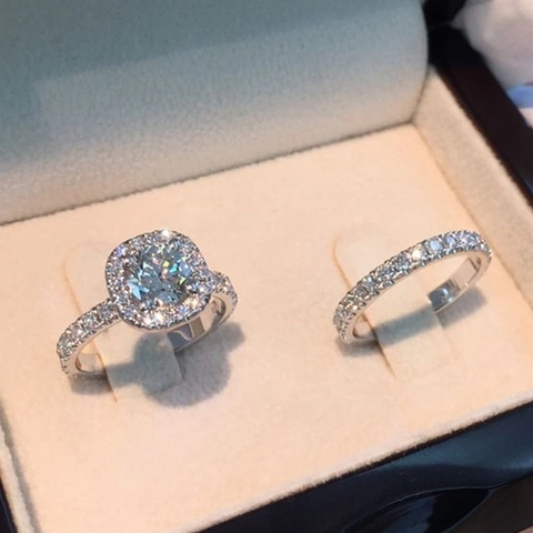 Anillo Y Banda De Zirconia Cúbica Halo Cuadrado Aleación Cristal Anillos De Boda Y Compromiso Joyas Para Mujer