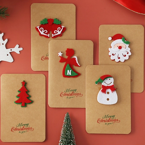 Vintage Kraft Paper Christmas Greeting Card With Handmade 3D Felt Appliques Envelopes Festive Holiday Gift Cards