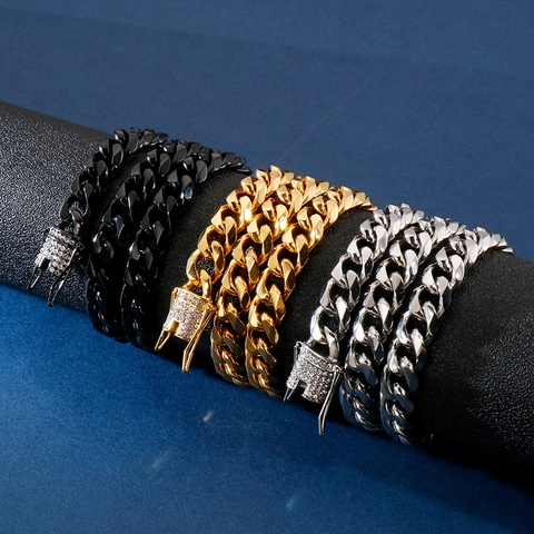 Collar De Cadena De Eslabones Cubanos Para Hombre Acero Inoxidable 316L Hebilla De Strass Iced Out Joyería Hip Hop