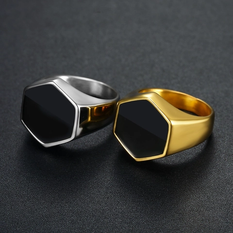 Anello a Sigillo Esagonale Minimalista In Smalto Nero Per Uomo In Acciaio Inossidabile Lucido Geometrico Anello Alla Moda Gioielli