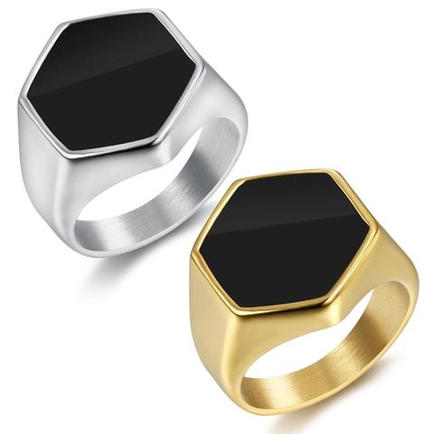 Anello Sigillo Da Uomo Acciaio Inossidabile 316 Smalto Nero Esagono Quadrato Lucidato Minimalista Punk