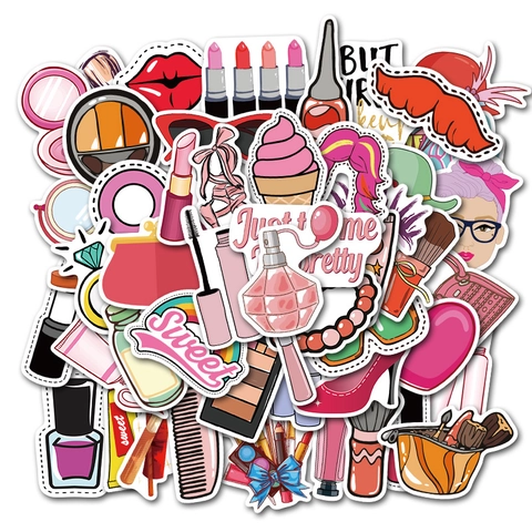 50 Pièces Autocollants Thème Maquillage Dessin Animé Mignon Pour Filles Décalcomanies Décoratives en PVC Imperméables Pour Ordinateur Portable Valise