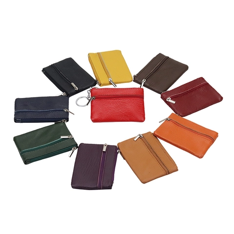 Genuine Cow Leather Coin Purse Key Wallet Double Zipper Pocket Lychee Pattern Small Portable Pouch Classic Solid Color