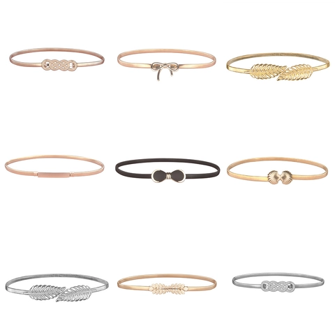 Women Elegant Elastic Metal Waist Belt Thin Stretch Chain Leaf Bow Shell Buckle Decorative Cinch Belt For Dress