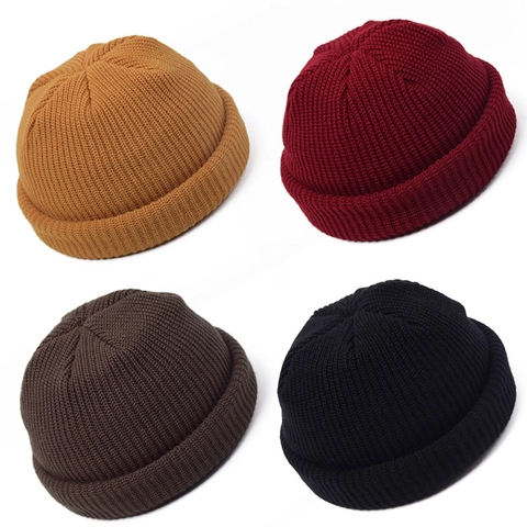 Retro Docker Hat Knitted Beanie Brimless Ribbed Cuffed Cap Warm Autumn Winter Solid Color Casual Unisex For Men Women