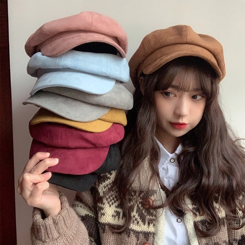 Vintage Suede Newsboy Cap For Women Men Solid Color Octagonal Hat Autumn Winter Warm Painter Hat Fashion Outdoor Beret