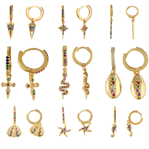 Orecchini A Cerchio Pendenti Con Zirconi Cubici Colorati Ottone Placcato Oro Croce Cuore Stella Occhio Turco