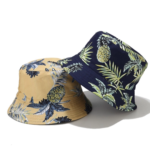 Fischerhut Reine Baumwolle Doppelseitig Ananas Tropischer Druck Sommer Outdoor Sonnenschutz Wendbar Faltbar Für Damen Herren