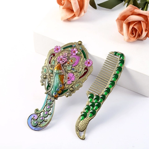 Ensemble Miroir à Main et Peigne Vintage Européen Paon Émail Style Cour Royale Alliage de Zinc Strass Miroir de Courtoisie