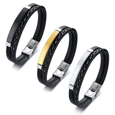 Pulsera Trenzada Para Hombre Cuero PU Alta Calidad Y Acero Inoxidable Pulido Placa Curvada Chapado IP Muñequera