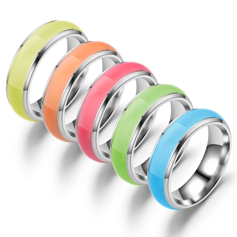 Luminous Glow In The Dark Ring Stainless Steel Band Fluorescent Colorful Enamel Jewelry Minimalism Unisex Fashion Band