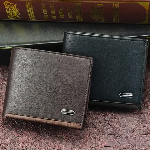 Men Short Wallet PU Leather Lychee Grain Contrast Color Multi Card Slots Coin Pocket Button Closure Business Casual Purse