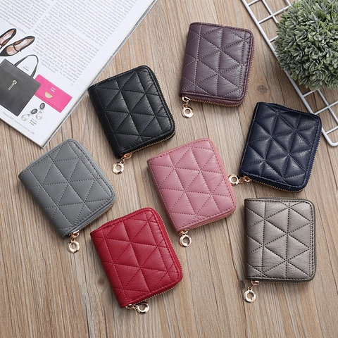Cartera Corta Para Mujer Cuero PU Acolchado Rombos Cremallera Monedero Tarjetero Urbano Minimalista