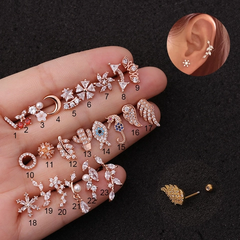 Zircon Seahorse Wing Leaf Ear Cartilage Stud Earrings Stainless Steel Post Screw Back Helix Piercing Jewelry For Women