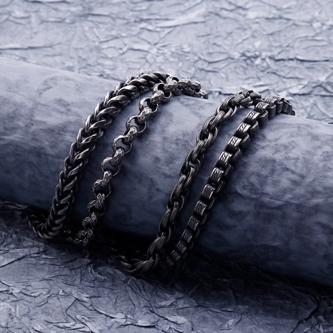 Men Vintage Stainless Steel Double Layer Chain Bracelet Retro Punk Industrial Style Oxidized Black Bangle