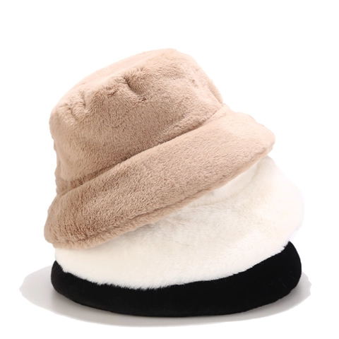 Faux Fur Bucket Hat Winter Warm Plush Solid Color Outdoor Windproof Soft Fishermans Cap Elegant Fashion Accessories