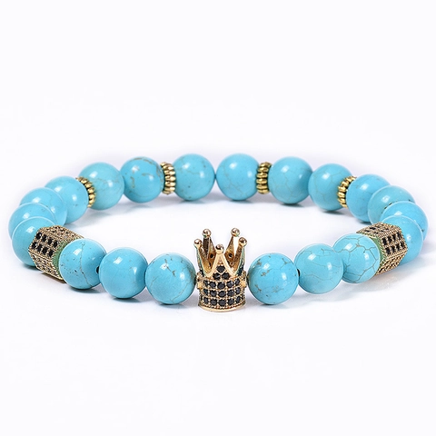 Natürliches Türkis Kronen Armband Mit Kupfer Zirkonia Zubehör Handgefertigter Steinperlen Schmuck Für Damen Und Herren