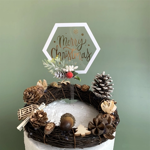 Merry Christmas Cake Topper Acrylic Gold Bronzing Red Berries Pine Cone Holiday Party Decoration Birthday Wedding