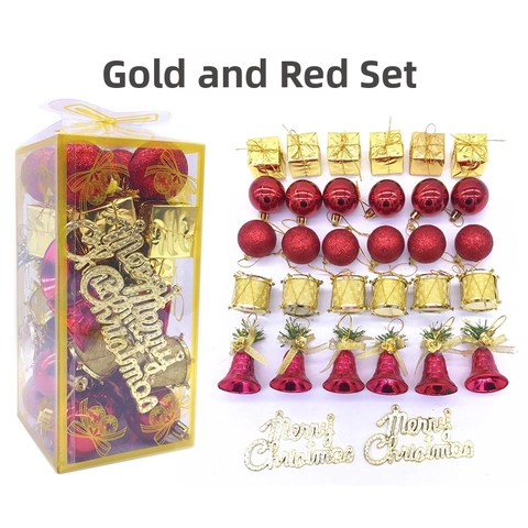 32Pcs Christmas Ball Ornaments Set Plastic Hanging Tree Decorations With Glitter Bells Drums Boxes For Holiday Party Home Decor