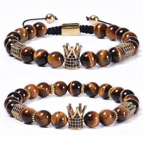 Natural Tiger Eye Stone Beaded Bracelet With Copper Micro Paved Zirconia Crown Pendant Adjustable Rope Elastic Jewelry