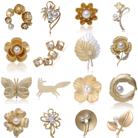 Matte Alloy Brooch Pin With Imitation Artificial Pearl And Rhinestone Floral Leaf Butterfly Design For Women Elegant Accessory