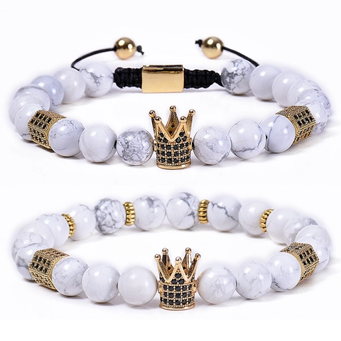 Natural Stone Beaded Bracelet Gold Plated Copper Crown Pendant Pave Black Cubic Zirconia Adjustable Jewelry For Men Unisex