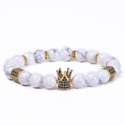 Natural Stone Beaded Bracelet Gold Plated Copper Crown Pendant Pave Black Cubic Zirconia Adjustable Jewelry For Men Unisex